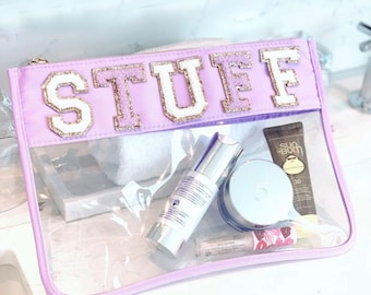 Custom Name Clear Pouch Makeup Bag Snacks Cosmetic Personalize Nylon New Glitter Letters Word varsity patch patches chenille