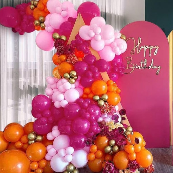 Pink Orange Balloon Garland, Hot Pink Orange Gold Metallic Pastel Pink Balloon Arch, Latex Party Balloons For Baby Shower Birthday Wedding
