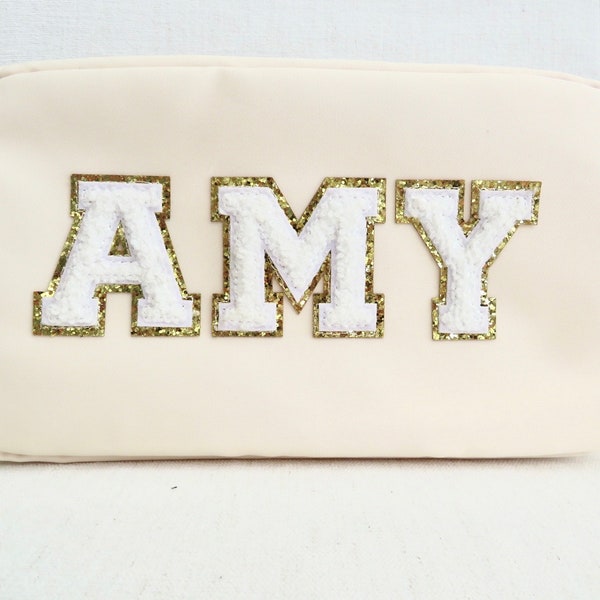 Nylon Bag with Chenille Letter Patches | DIY Dupe | Cosmetic Bag | Make Up Bag | Nylon Bag | Brides Bag | Travel Toiletry bag | Bachelorette