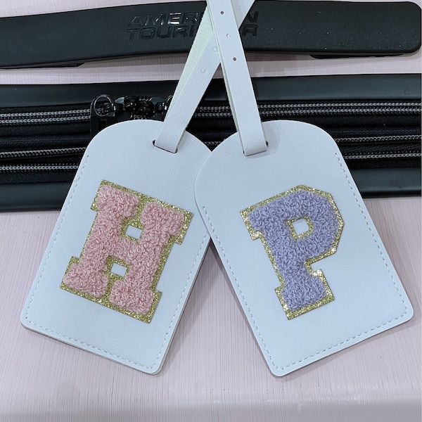 Chenille letter luggage tag, letter patch on luggage tag, customized luggage tag, luggage tag personalized