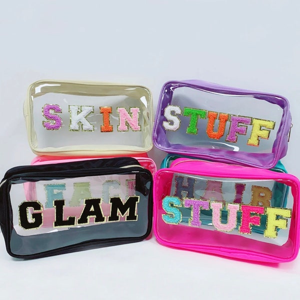 Transparent Nylon Cosmetic Bag - Clear Cosmetic Pouch - Makeup Bag Nylon Pouch Patches -Clear Travel Bag -chenille letter