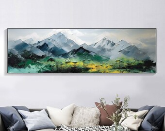 Grande montagne originale peinture à l'huile sur toile, peinture abstraite de paysage vert, art mural salon, peinture moderne texturée personnalisée