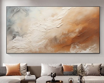 Pintura al óleo abstracta de playa blanca sobre lienzo, pintura marrón original, decoración de la pared de la sala de estar, arte de pared moderno grande, pintura de regalo personalizada,