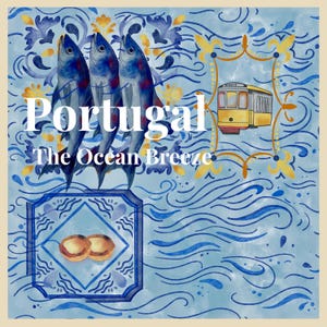 Può includere: Illustrazione quadrata azzurra con la parola "Portogallo" e "The Ocean Breeze" in bianco. L'immagine presenta tre pesci blu, un tram giallo e due pasticcini. Lo sfondo ha un motivo a onde.