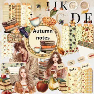 Può includere: Un collage a tema autunnale, con illustrazioni di libri, tè, torta e frutta. Il testo "Autumn notes" è in una cornice circolare. Sono inclusi anche rotoli di carta decorativi e illustrazioni di persone.