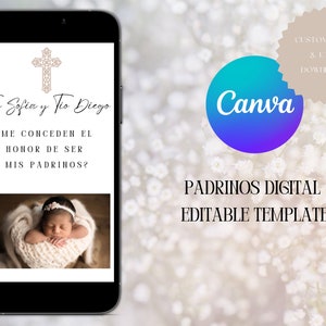Plantilla electrónica de propuesta de padrinos de bautizo, propuesta de padrinos en español digital, bautismo, plantilla personalizada DESCARGA INMEDIATA
