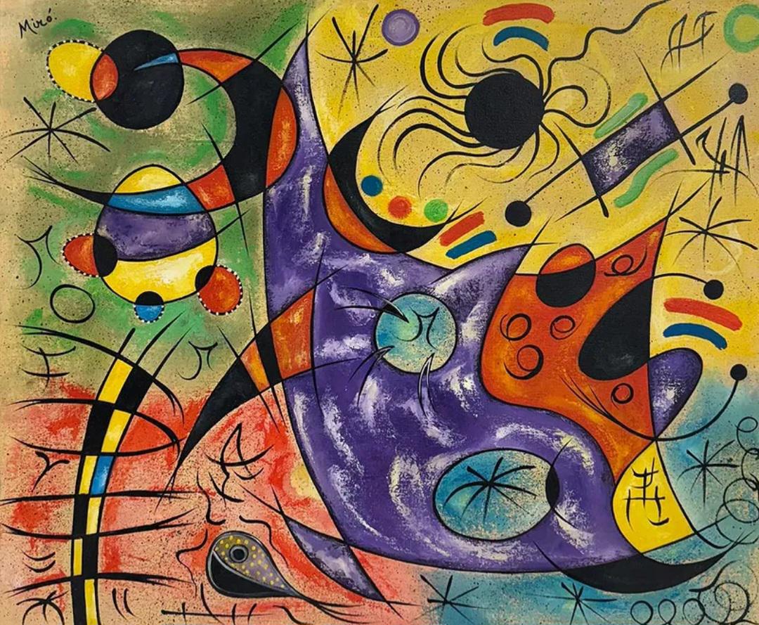 Joan Miro Hiszpański 1893 - 1983 Olej na płótnie w stylu. Era surrealizmu Dali, Magritte'a i Miro.