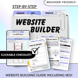 May include: A digital website building guide with the text "WEBSITE BUILDER" and "SEO & BACK-END CHECKLIST". The guide includes a table of contents and is labeled "BEGINNER-FRIENDLY!" and "CLICKABLE CHECKLIST!" with an "Instant Digital Download" option.