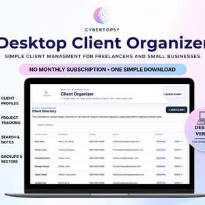 Puede incluir: Una interfaz de software organizador de clientes de escritorio mostrada en una pantalla de computadora portátil. La interfaz presenta un directorio de clientes con columnas para nombre, empresa, teléfono, correo electrónico y estado.