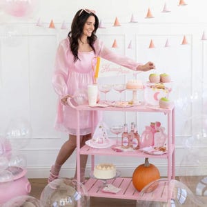 May include: A pink serving cart with three shelves, decorated with a witch hat, a cake, a pumpkin, and a sign that says "Hocus Pocus".