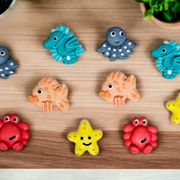 SEA LIFE Royal Icing Decorations, Cake or Cupcake Toppers, Starfish, Crab, Seahorse, Octopus & Fish Under the Sea, Kids Party, Set of 10