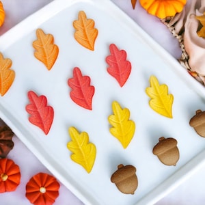 TWELVE Shimmer Acorns & Oak Leaves Assortment Edible Sugar Decorations, Thanksgiving Fall Cupcake or Cake Decorations, Fall Leaves
