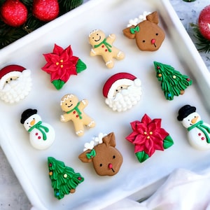 May include: A white tray displays an assortment of Christmas-themed cookies. The cookies include Santa faces, gingerbread people, reindeer, poinsettias, Christmas trees, and snowmen. The cookies are decorated with red, green, white, and brown icing.