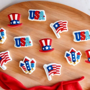 USA PATRIOTIC Edible Sugar Decorations, Cake or Cupcake Toppers, Independence Day, 4th of July, USA, Fireworks, Flag, Hat, Set of 12