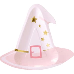 May include: A pink witch hat-shaped paper plate with a gold buckle and gold star accents. The hat is white with a pink brim and a pink buckle. The plate is designed for a Halloween or party theme.