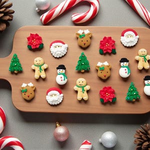 May include: A wooden cutting board displays an assortment of Christmas-themed decorations. The decorations include Santa faces, reindeer, poinsettias, gingerbread people, Christmas trees, and snowmen. Candy canes, ornaments, and pine cones surround the board, creating a festive holiday scene.