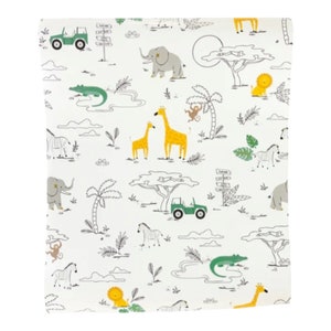 May include: White fabric with a repeating pattern of safari animals, including giraffes, elephants, zebras, lions, monkeys, and crocodiles. The pattern also includes palm trees, a jeep, and clouds.