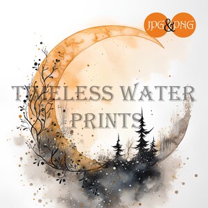 Watercolor Halloween Witchy Moon, Haunted Moon, Digital Download, Instant Download, JPG, PNG