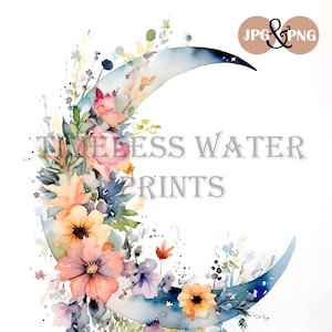 Floral Crescent Moon, Digital Print, Instant Download, PNG, JPG, Watercolor