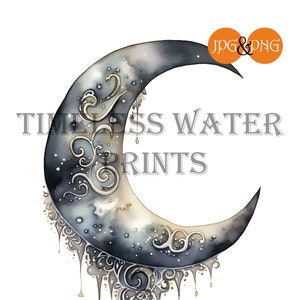 Spooky Halloween Crescent Moon, Watercolor Moon, Printable download, Instant download, PNG, JPG
