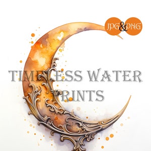 Fall Harvest Crescent Moon, Watercolor Halloween Moon, Printable download, Instant download, PNG, JPG