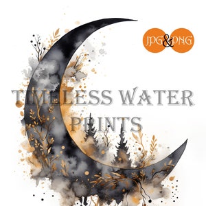 Elegant Haunted Watercolor Crescent Moon, Halloween Moon, Printable Download, Instant Download, JPG, PNG
