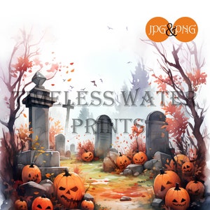 Cortile tomba infestato, Tema Halloween, Arte dell&#39;acquerello, Download istantaneo, Arte stampabile, PNG, JPG