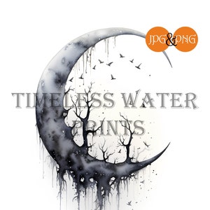 Haunted Eerie Crescent Moon, Watercolor Moon, Digital Print, Instant download, PNG, JPG