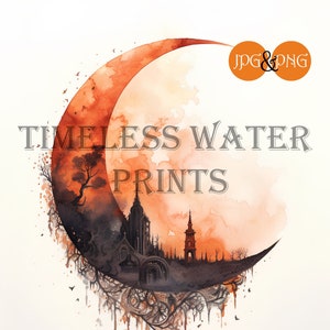 Haunted Eerie Halloween Watercolor Crescent Moon, Pintable download, Instant download, JPG, PNG