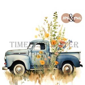 May include: A blue vintage pickup truck with a bed full of wildflowers. The truck is sitting in a field of tall grass. The image has a watercolor effect.