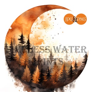 Haunted Crescent Moon, Watercolor Halloween Moon, Digital Print, Instant Download, JPG, PNG