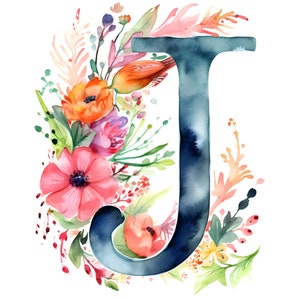 Impresión digital, Descarga instantánea, JPG, Letra mayúscula floral de acuarela J