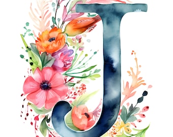 Digital Print, Instant Download, JPG, Watercolor Floral Capital Letter J