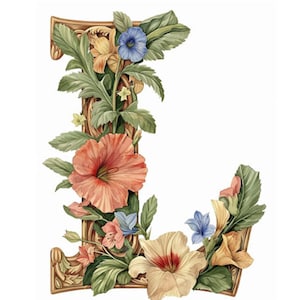 Letra mayúscula L, Letra de estilo floral Cottage-core, Alfabeto floral, Impresión digital, Descarga instantánea