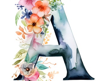 Digital Print, Instant Download, JPG, Watercolor Floral Capital Letter A