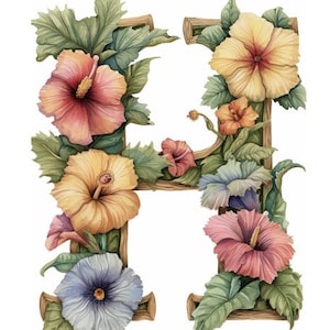Capital Letter H, Cottage-core Floral Style Letter, Floral Alphabet, Digital Print, Instant Download