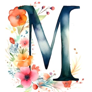 Impresión digital, Descarga instantánea, JPG, Letra mayúscula floral de acuarela M