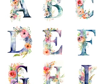 Digital Print, Instant Download, JPG, Watercolor Floral Whole Alphabet A-Z