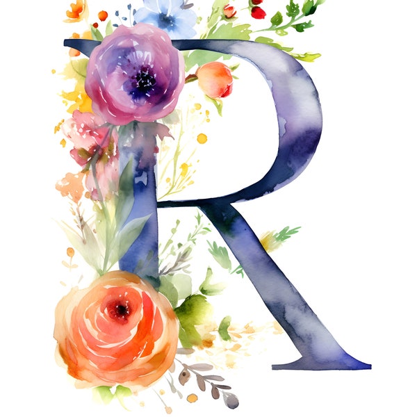 Digitaldruck, Sofort Download, JPG, Aquarell Blumen Großbuchstabe R