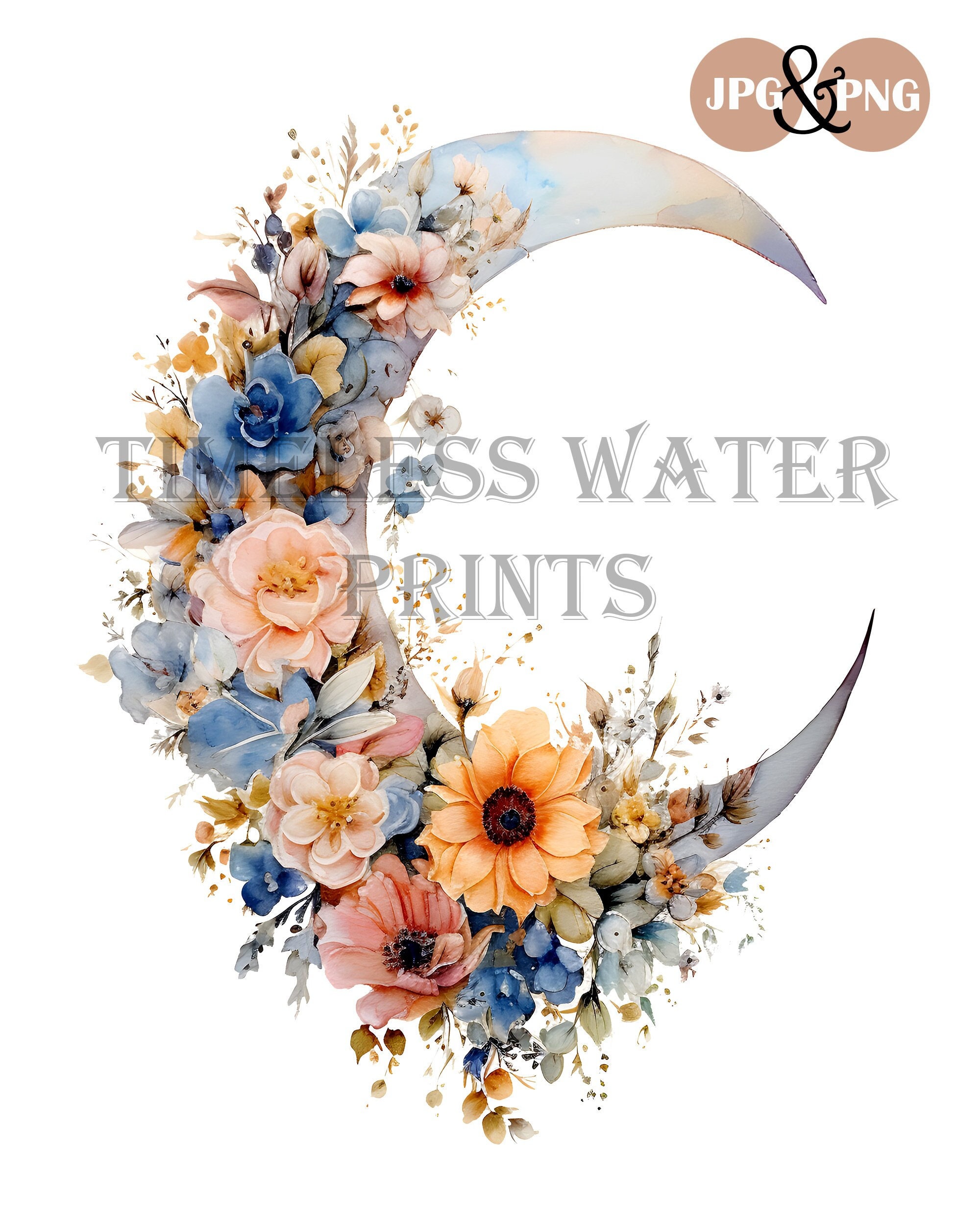 Floral Cresent Moon, Digital Print, Instant Download, PNG, JPG ...