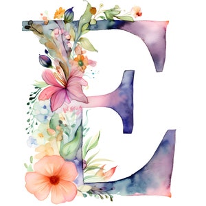 Impresión digital, Descarga instantánea, JPG, Letra mayúscula floral de acuarela E