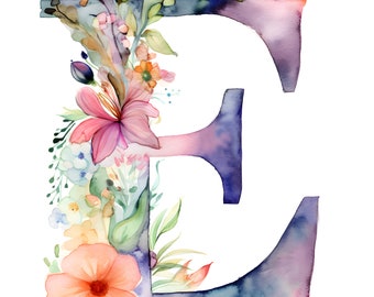 Digital Print, Instant Download, JPG, Watercolor Floral Capital Letter E