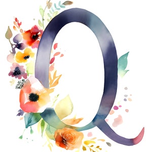 Impresión digital, Descarga instantánea, JPG, Letra mayúscula floral de acuarela Q