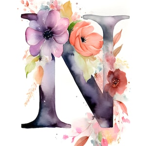 Impresión digital, Descarga instantánea, JPG, Letra mayúscula floral de acuarela N