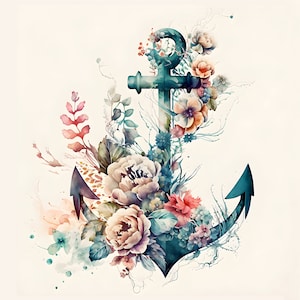 Digital Print, Instant Download, JPG, Watercolor Floral Anchor