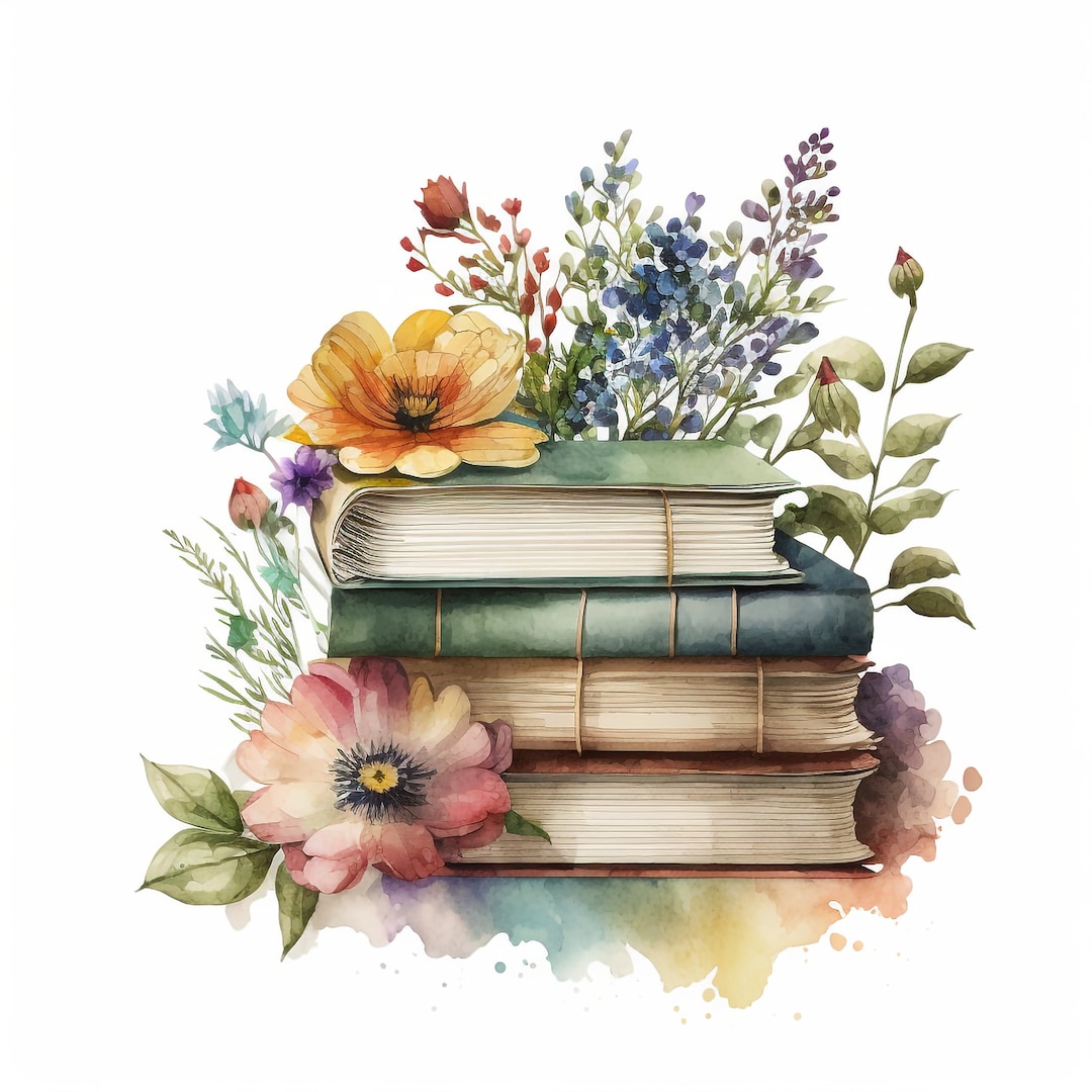 Printable, Digital File, Wall Art, Watercolor Stack of Books Surrounded by  Flowers 