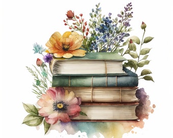 Printable, Digital File, Wall Art, Watercolor Stack of Books Surrounded by Flowers