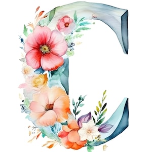 Impresión digital, Descarga instantánea, JPG, Letra mayúscula floral de acuarela C