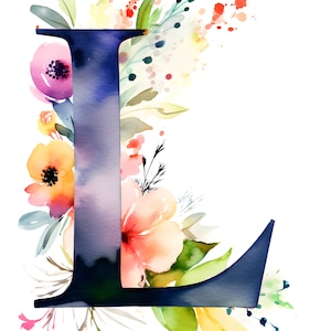 Impresión digital, Descarga instantánea, JPG, Letra mayúscula floral de acuarela L