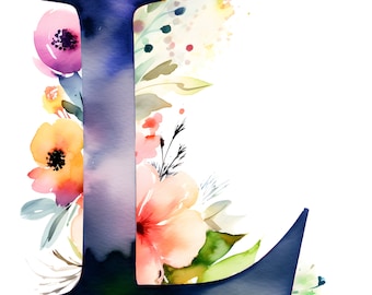 Digital Print, Instant Download, JPG, Watercolor Floral Capital Letter L